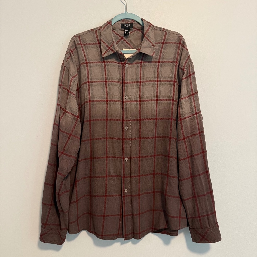 Forever 21 Men Grid Ombre Wash Long Sleeve Button Up Shirt Size L‎
